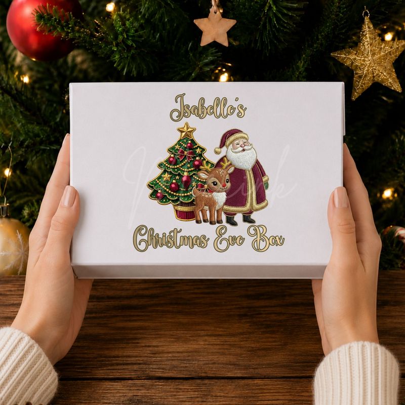 Santa &amp; Reindeer Christmas Eve Box Faux Embroidery Gold Trim &amp;  DTF or UVDTF Decal