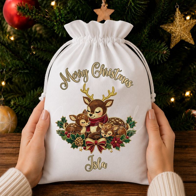 Merry Christmas Cute Reindeer Scene Faux Embroidery Gold Trim &amp;  DTF or UVDTF Decal