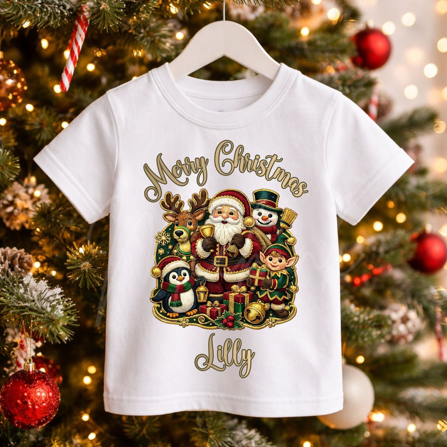 Merry Christmas Santa Scene Faux Embroidery Gold Trim &amp;  DTF or UVDTF Decal