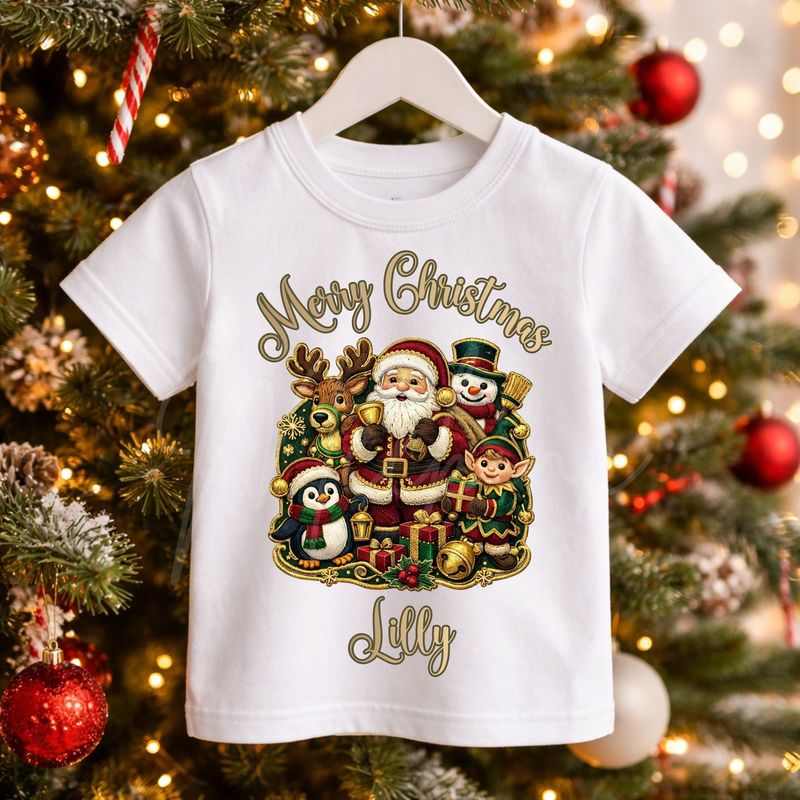 Merry Christmas Santa Scene Faux Embroidery Gold Trim &amp;  DTF or UVDTF Decal