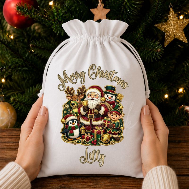 Merry Christmas Santa Scene Faux Embroidery Gold Trim &amp;  DTF or UVDTF Decal