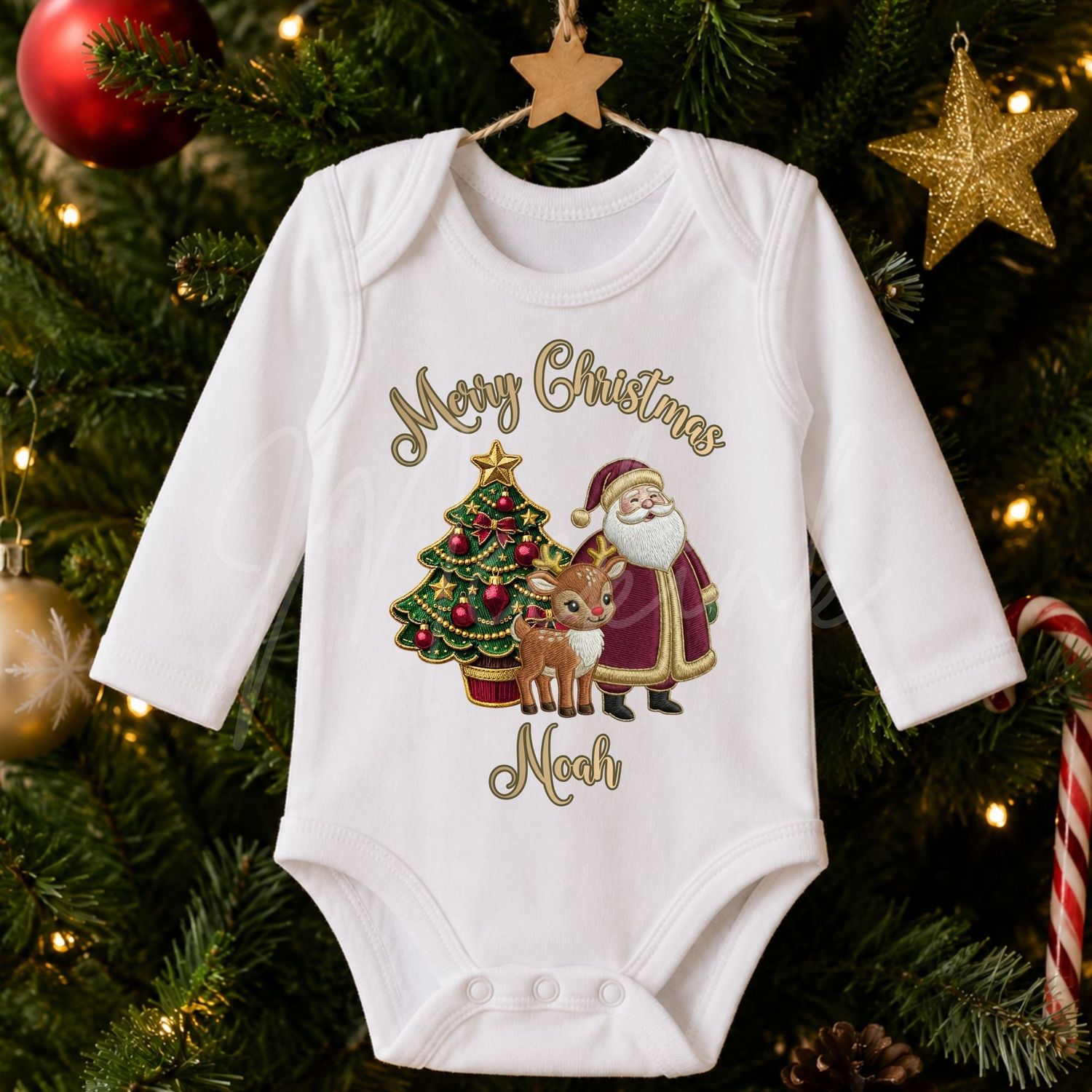 Santa &amp; Reindeer Faux Embroidery Gold Trim &amp;  DTF or UVDTF Decal