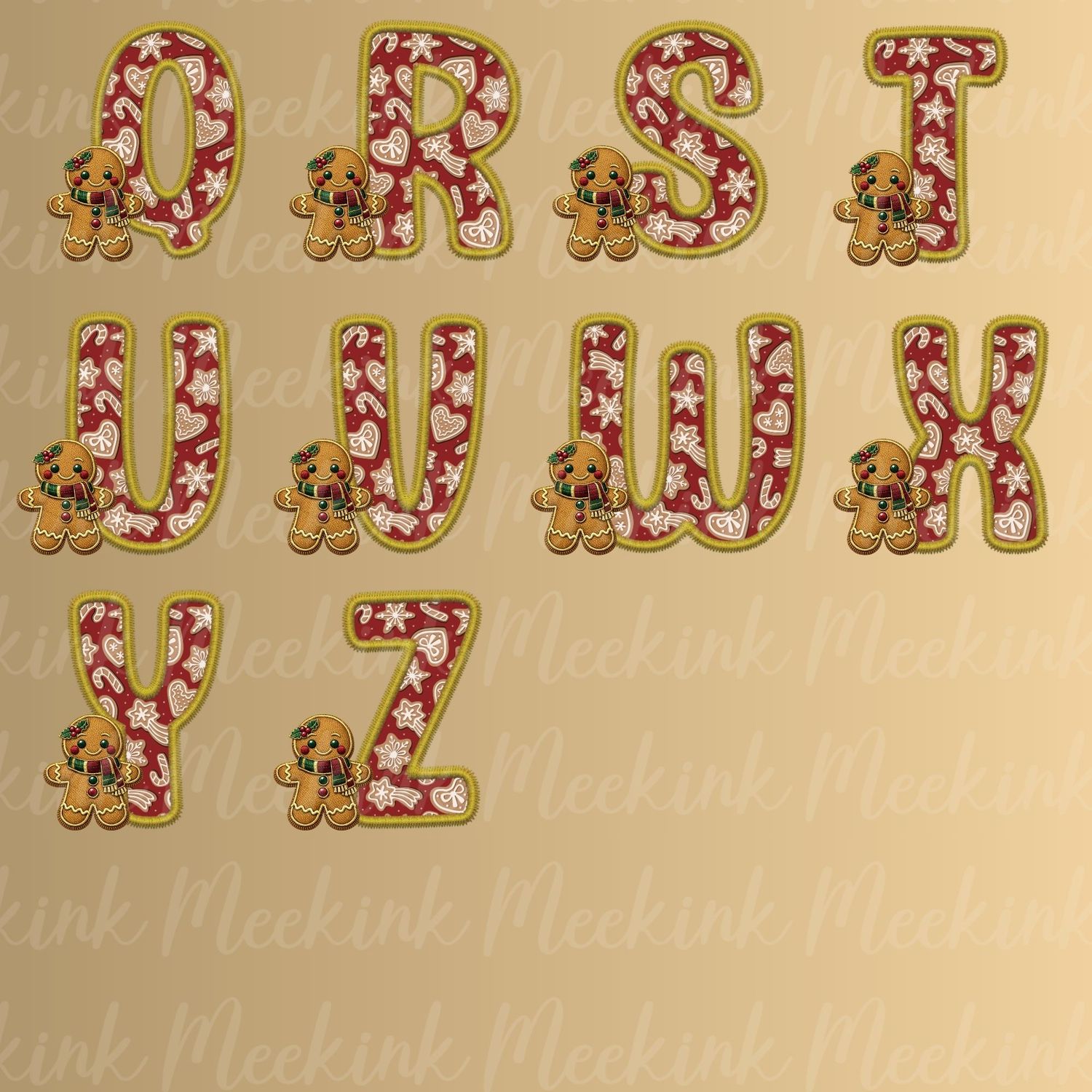 Gingerbread Alphabet Letter Faux Embroidery Gold Trim &amp;  DTF or UVDTF Decal