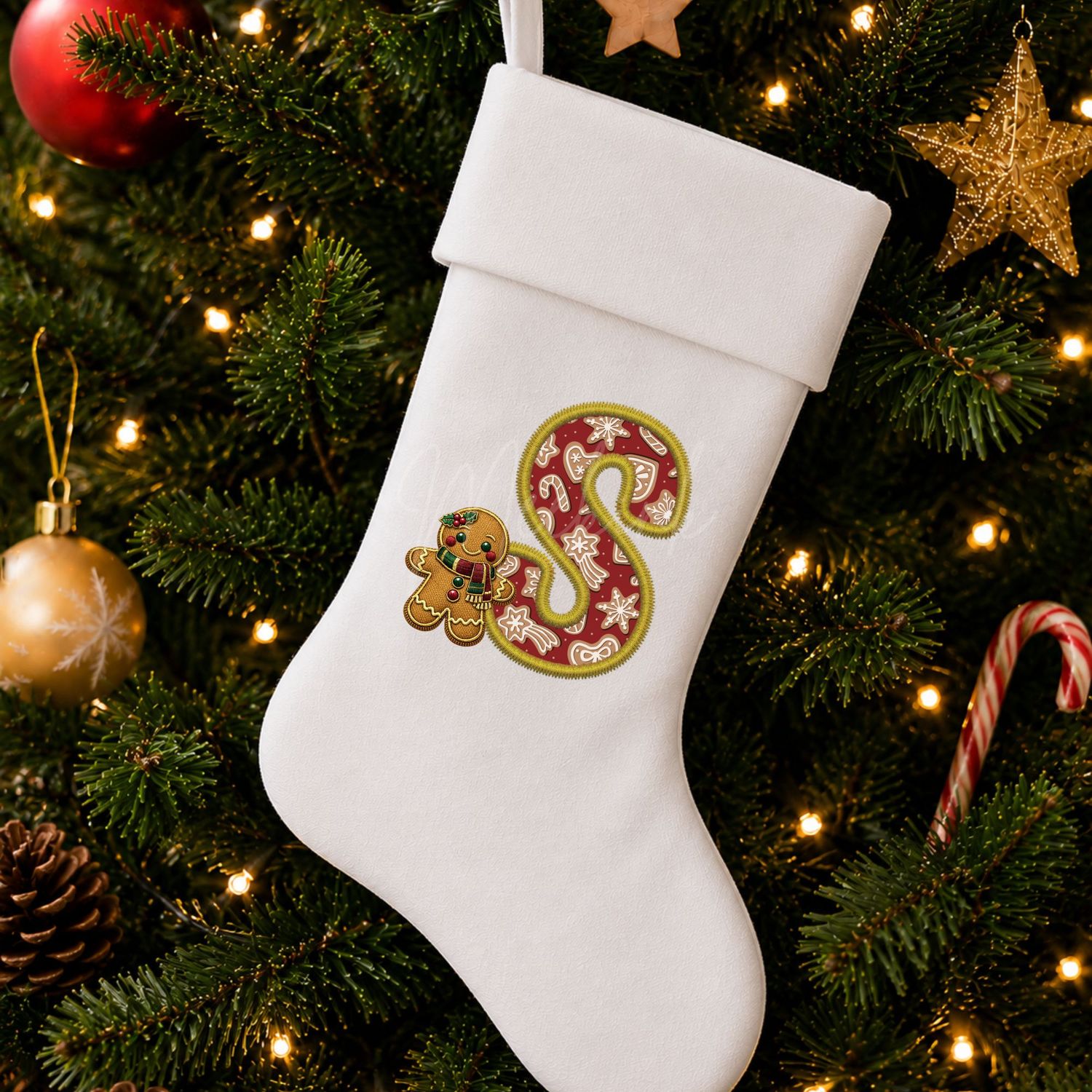 Gingerbread Alphabet Letter Faux Embroidery Gold Trim &amp;  DTF or UVDTF Decal