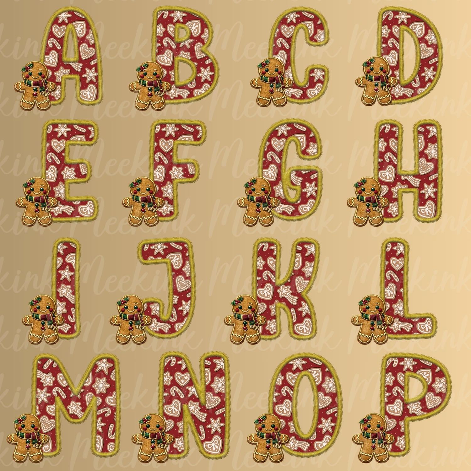 Gingerbread Alphabet Letter Faux Embroidery Gold Trim &amp;  DTF or UVDTF Decal