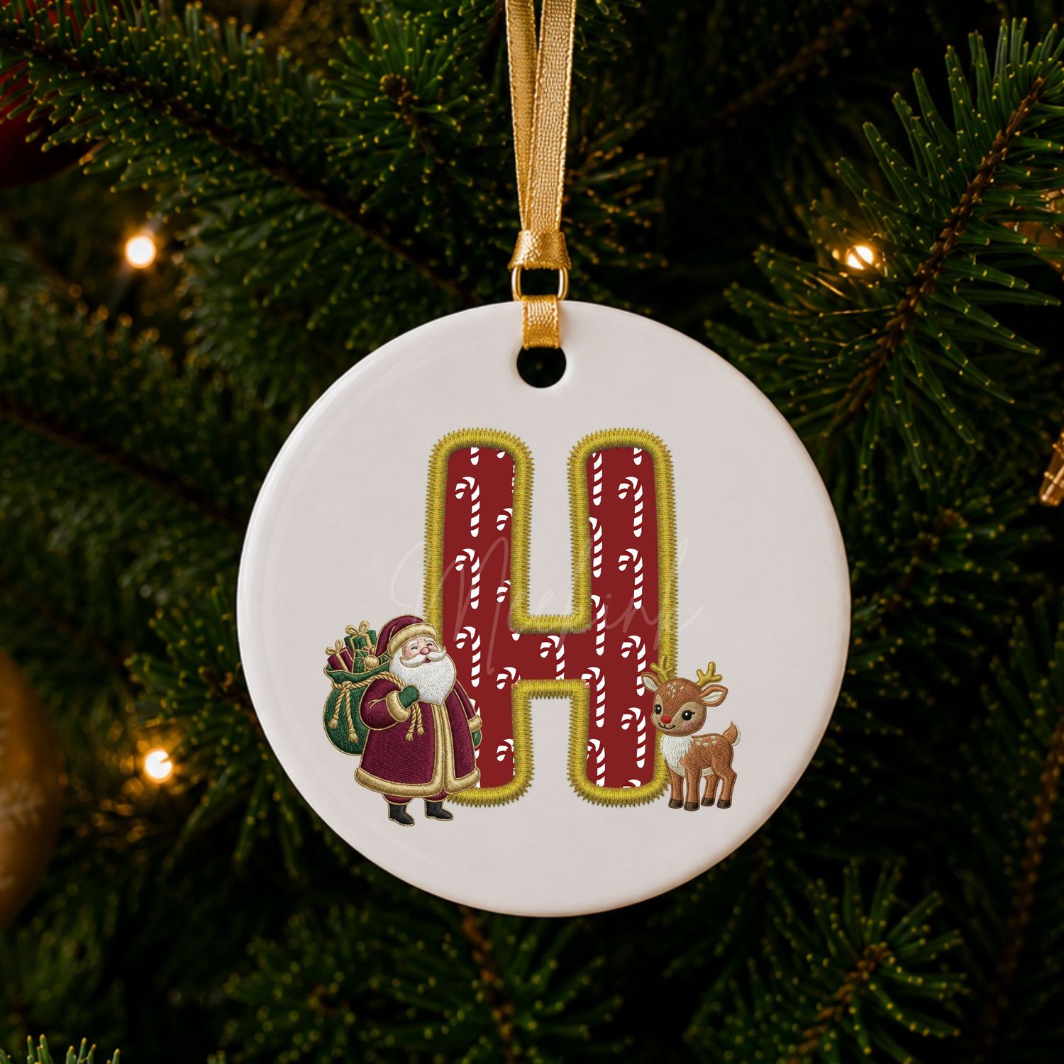 Santa &amp; Reindeer Alphabet Letter Faux Embroidery Gold Trim &amp;  DTF or UVDTF Decal