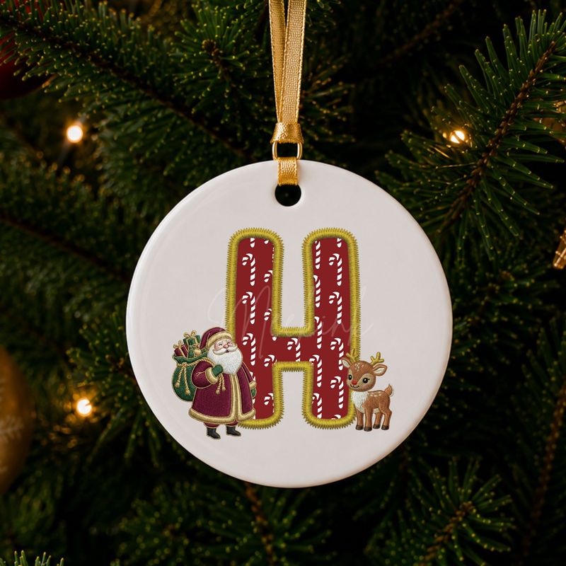 Santa &amp; Reindeer Alphabet Letter Faux Embroidery Gold Trim &amp;  DTF or UVDTF Decal