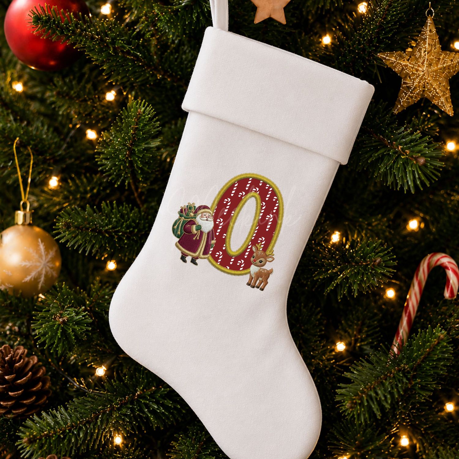 Santa &amp; Reindeer Alphabet Letter Faux Embroidery Gold Trim &amp;  DTF or UVDTF Decal