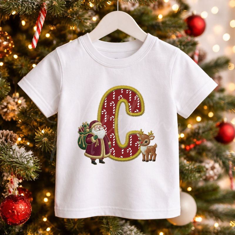 Santa &amp; Reindeer Alphabet Letter Faux Embroidery Gold Trim &amp;  DTF or UVDTF Decal