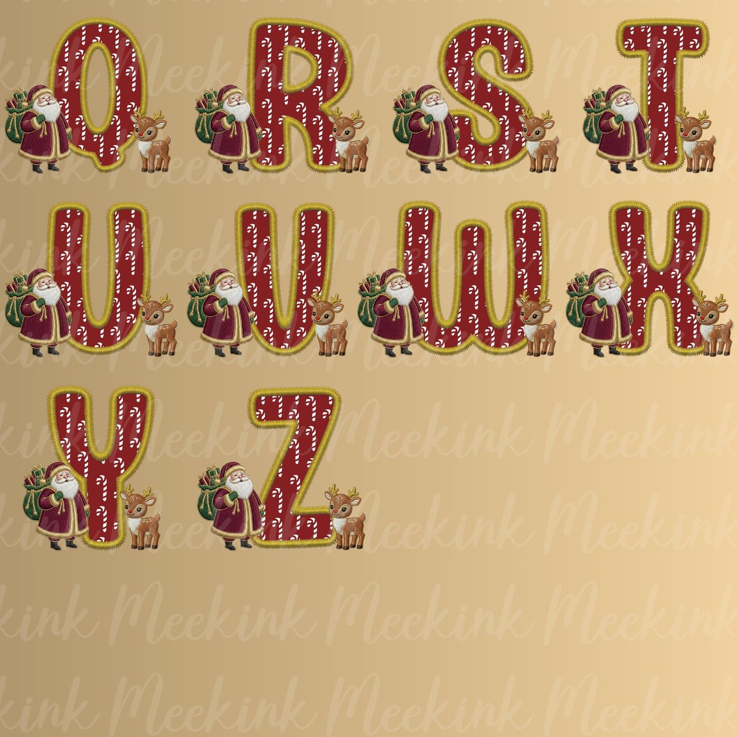 Santa &amp; Reindeer Alphabet Letter Faux Embroidery Gold Trim &amp;  DTF or UVDTF Decal