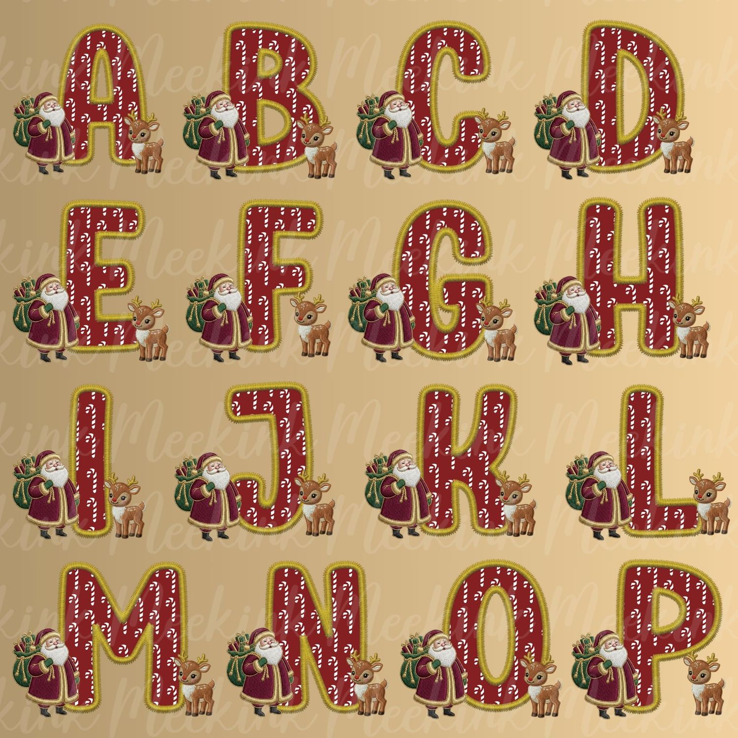 Santa &amp; Reindeer Alphabet Letter Faux Embroidery Gold Trim &amp;  DTF or UVDTF Decal