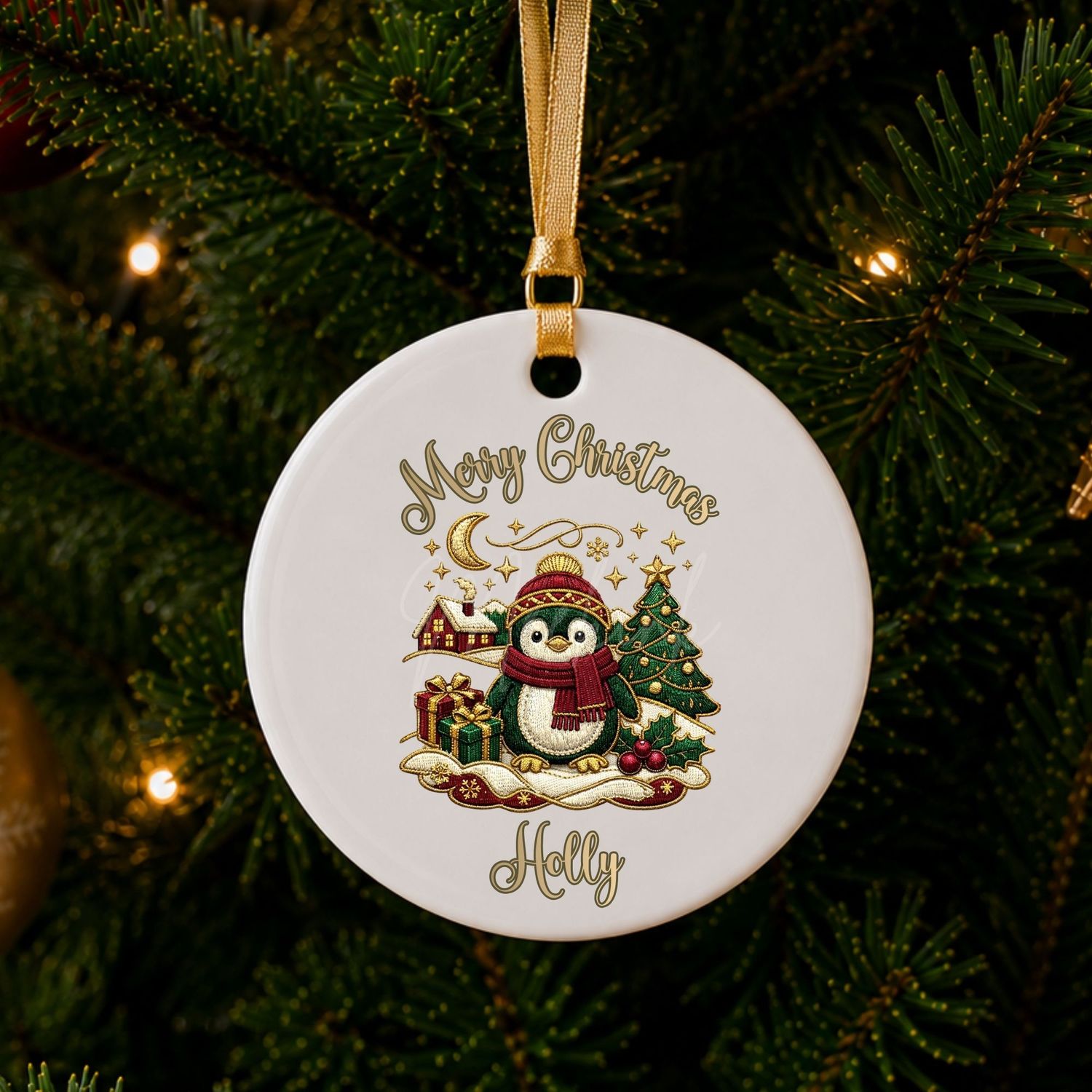 Merry Christmas Penguin Scene Faux Embroidery Gold Trim &amp;  DTF or UVDTF Decal
