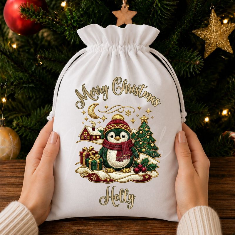 Merry Christmas Penguin Scene Faux Embroidery Gold Trim &amp;  DTF or UVDTF Decal