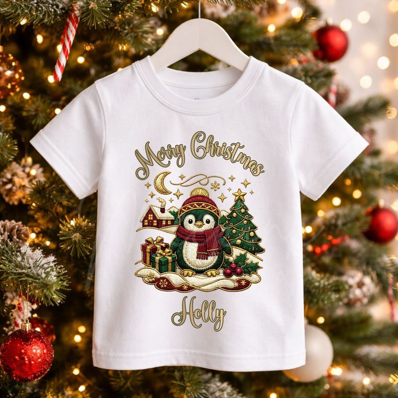 Merry Christmas Penguin Scene Faux Embroidery Gold Trim &amp;  DTF or UVDTF Decal