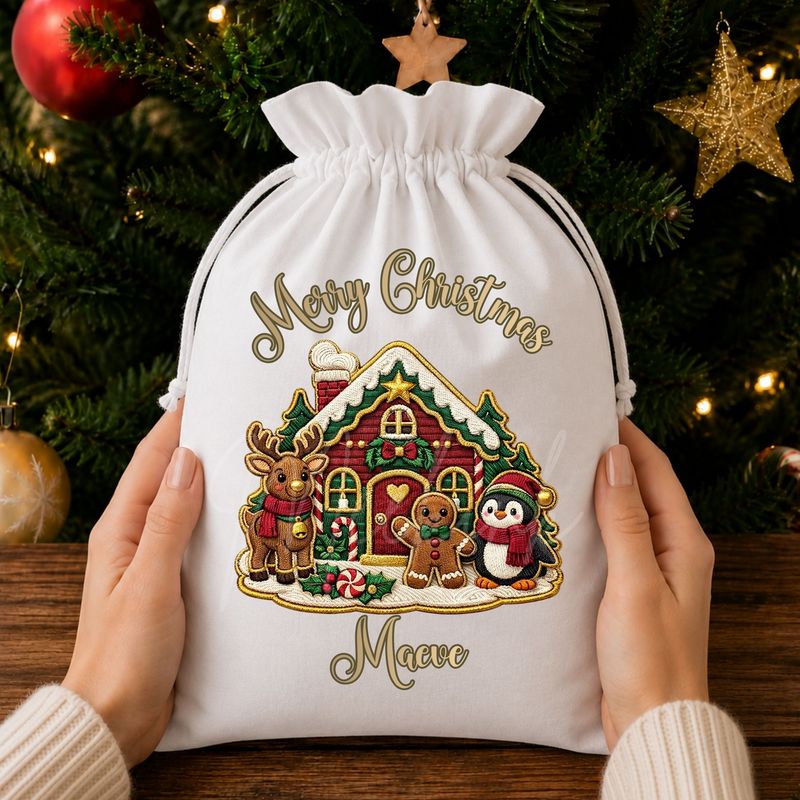 Merry Christmas Gingerbread House Scene Faux Embroidery Gold Trim &amp;  DTF or UVDTF Decal