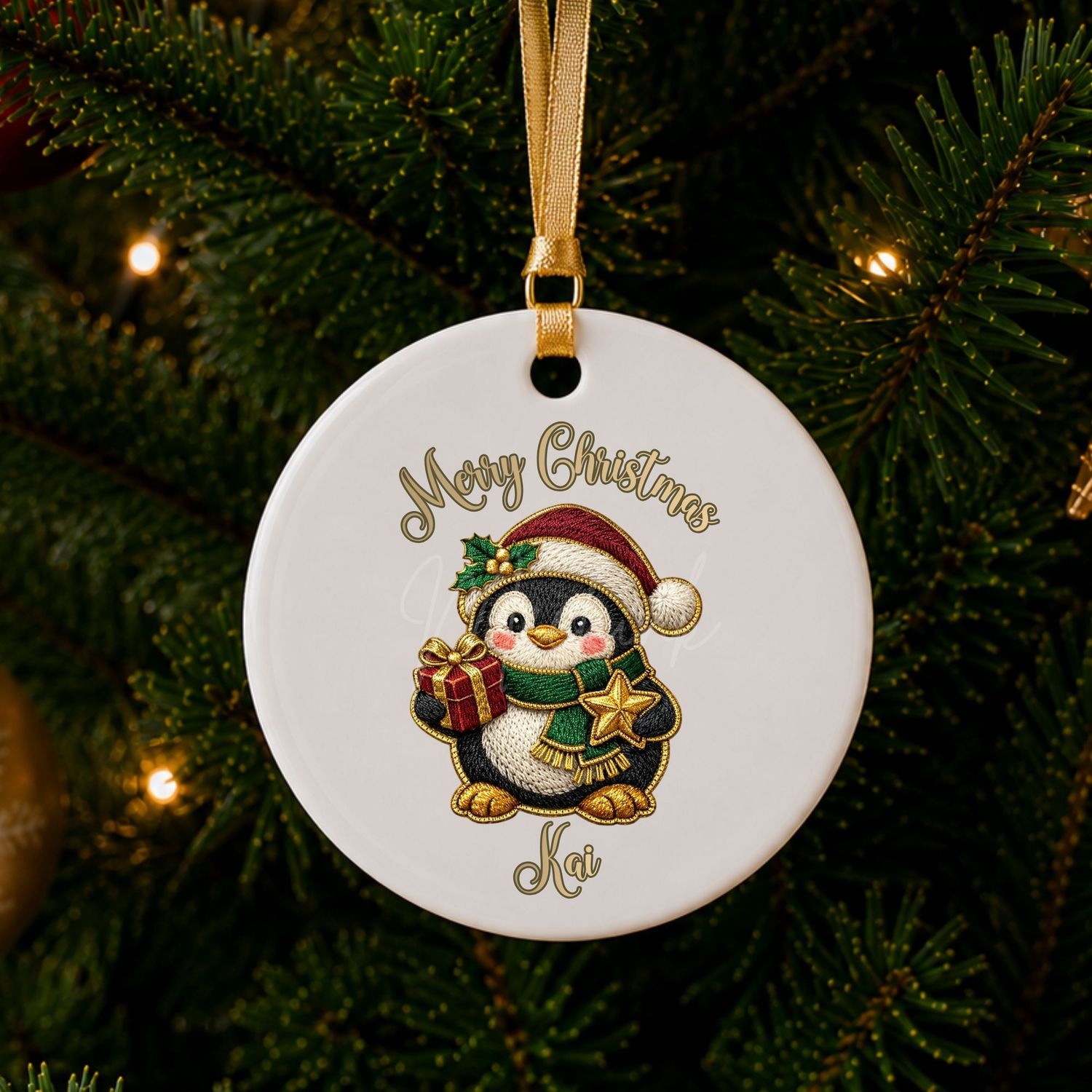 Merry Christmas Penguin Gifts Faux Embroidery Gold Trim &amp;  DTF or UVDTF Decal