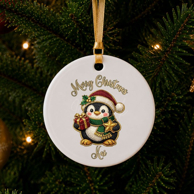 Merry Christmas Penguin Gifts Faux Embroidery Gold Trim &amp;  DTF or UVDTF Decal