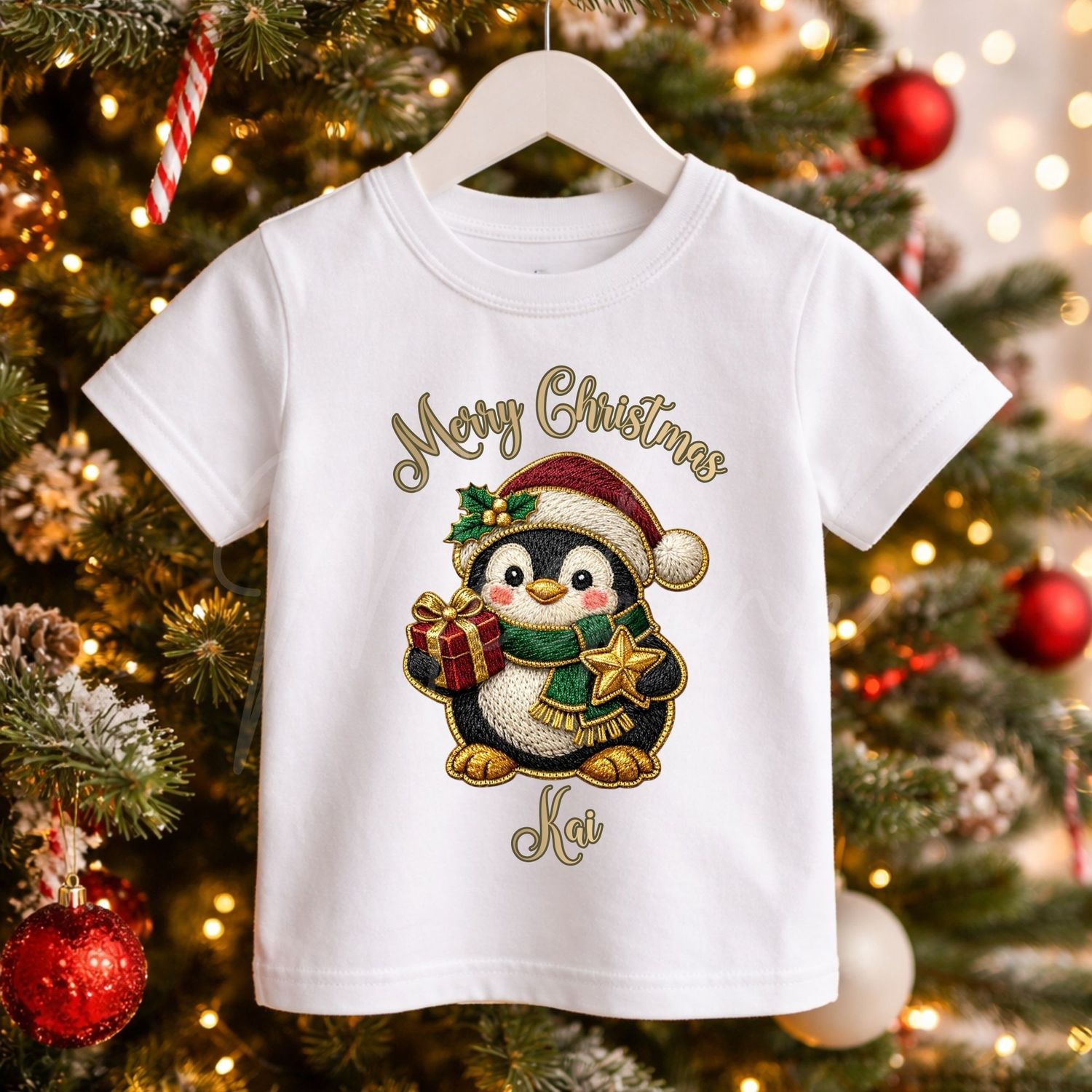 Merry Christmas Penguin Gifts Faux Embroidery Gold Trim &amp;  DTF or UVDTF Decal
