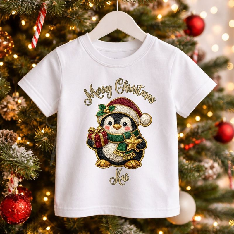 Merry Christmas Penguin Gifts Faux Embroidery Gold Trim &amp;  DTF or UVDTF Decal