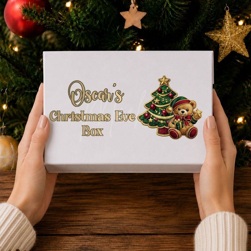 Christmas Eve Box Teddy Faux Embroidery Gold Trim &amp;  DTF or UVDTF Decal