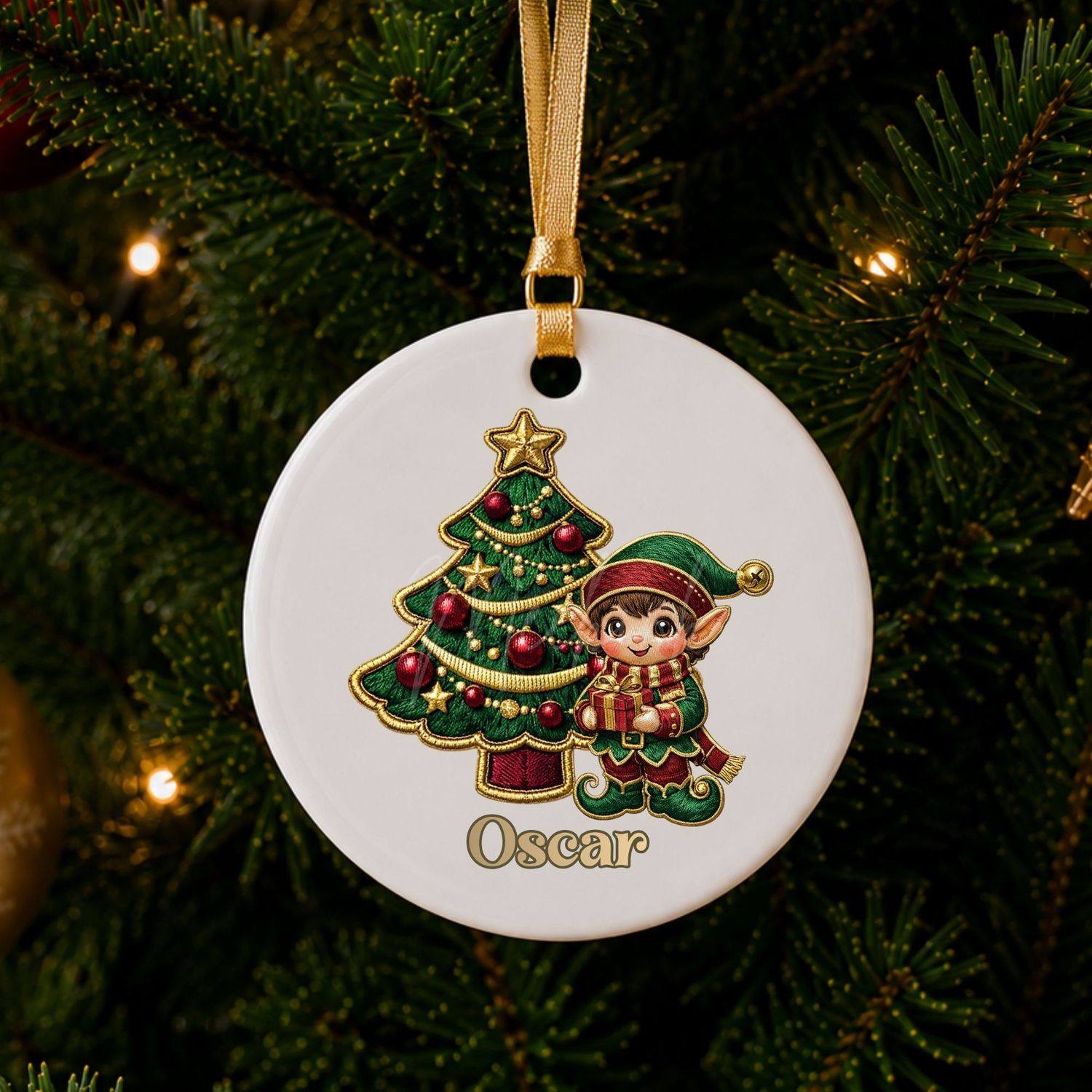 Elf Brown Haired Boy Faux Embroidery Gold Trim &amp;  DTF or UVDTF Decal