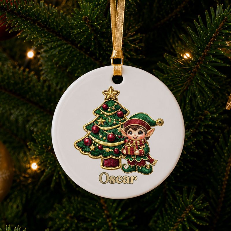 Elf Brown Haired Boy Faux Embroidery Gold Trim &amp;  DTF or UVDTF Decal