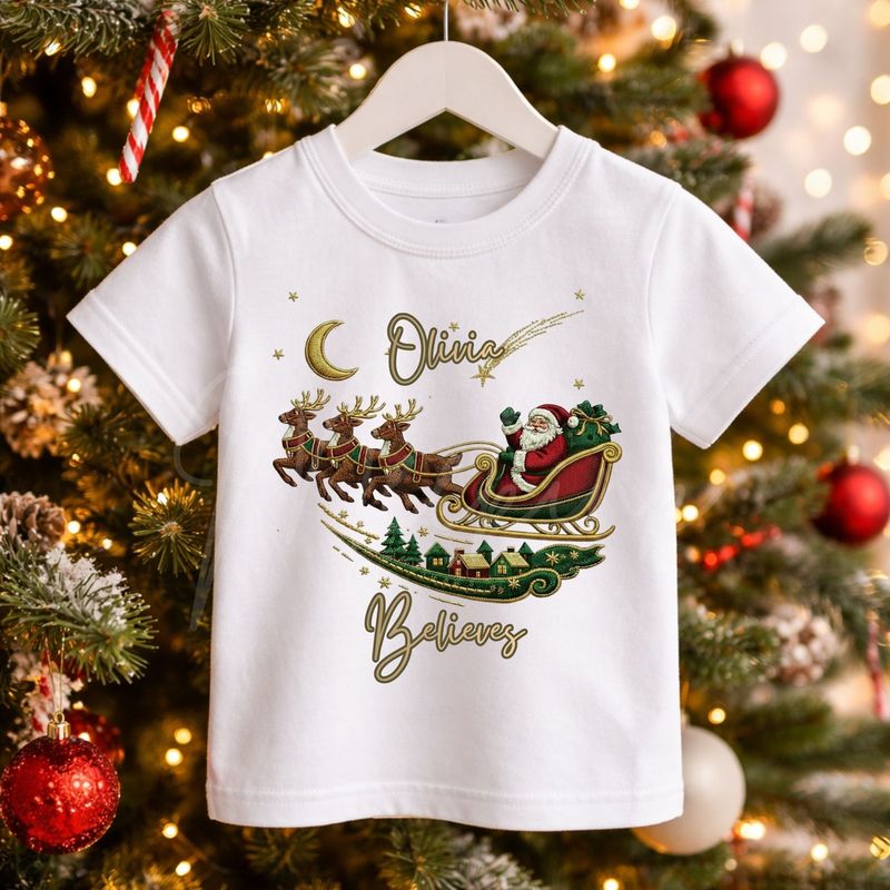 Believes Santa Scene Faux Embroidery Gold Trim &amp;  DTF or UVDTF Decal
