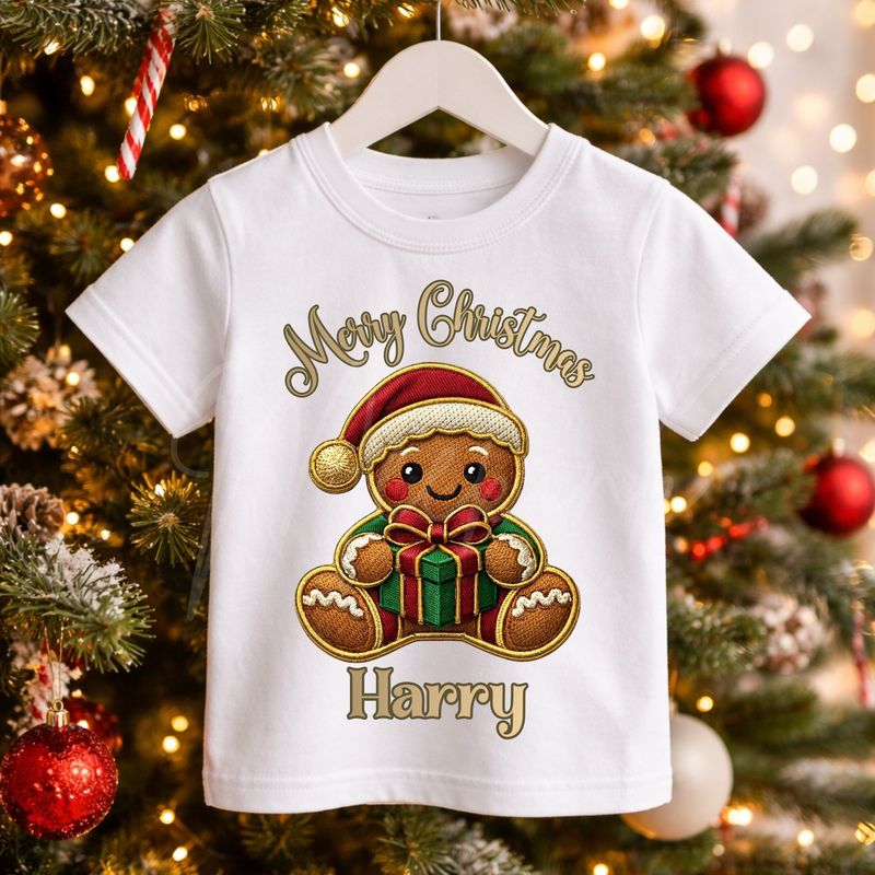 Merry Christmas Gingerbread Present Boy Faux Embroidery Gold Trim &amp;  DTF or UVDTF Decal
