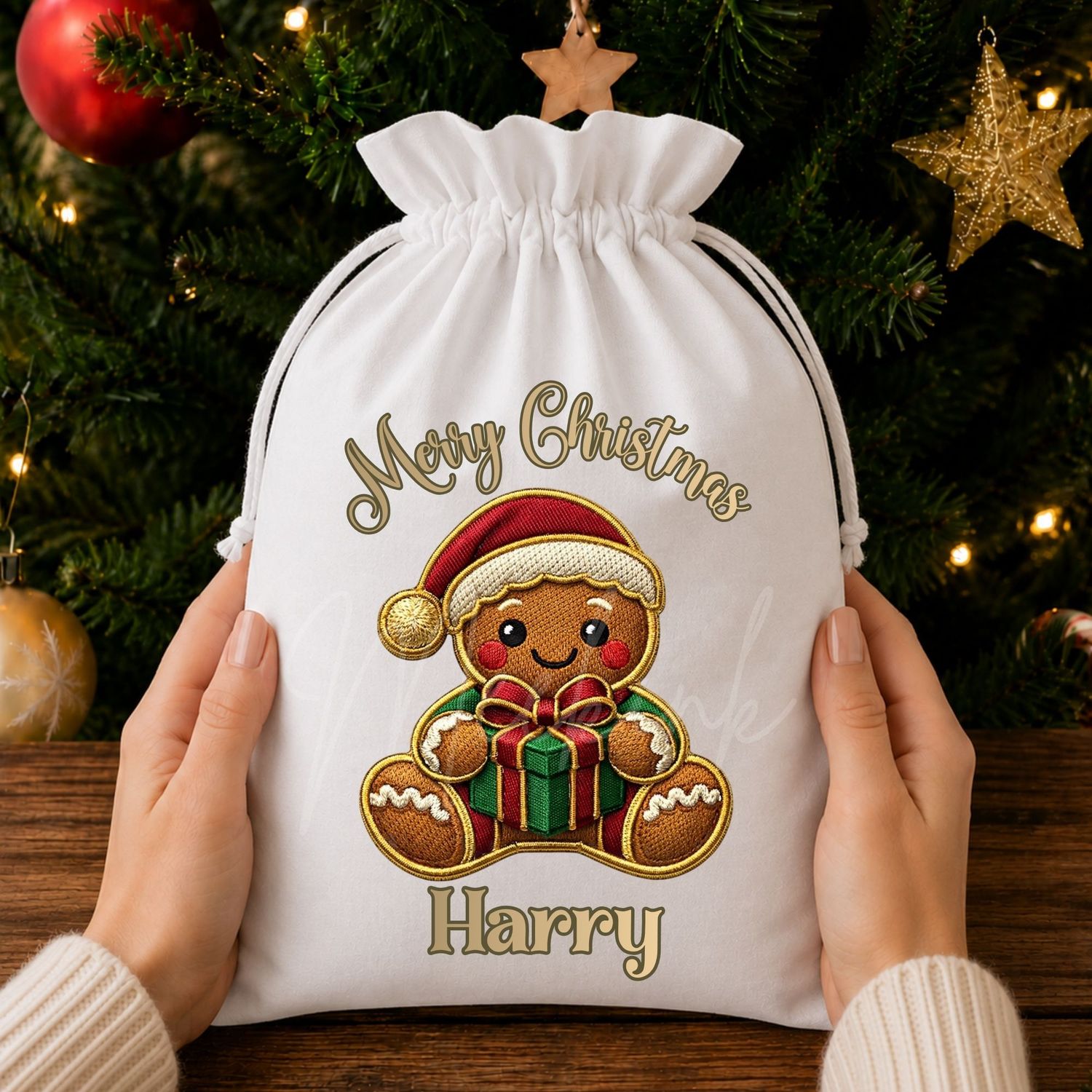 Merry Christmas Gingerbread Present Boy Faux Embroidery Gold Trim &amp;  DTF or UVDTF Decal