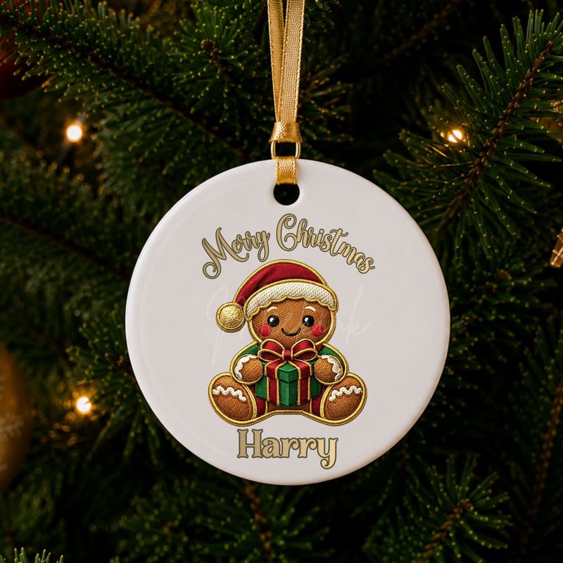 Merry Christmas Gingerbread Present Boy Faux Embroidery Gold Trim &amp;  DTF or UVDTF Decal