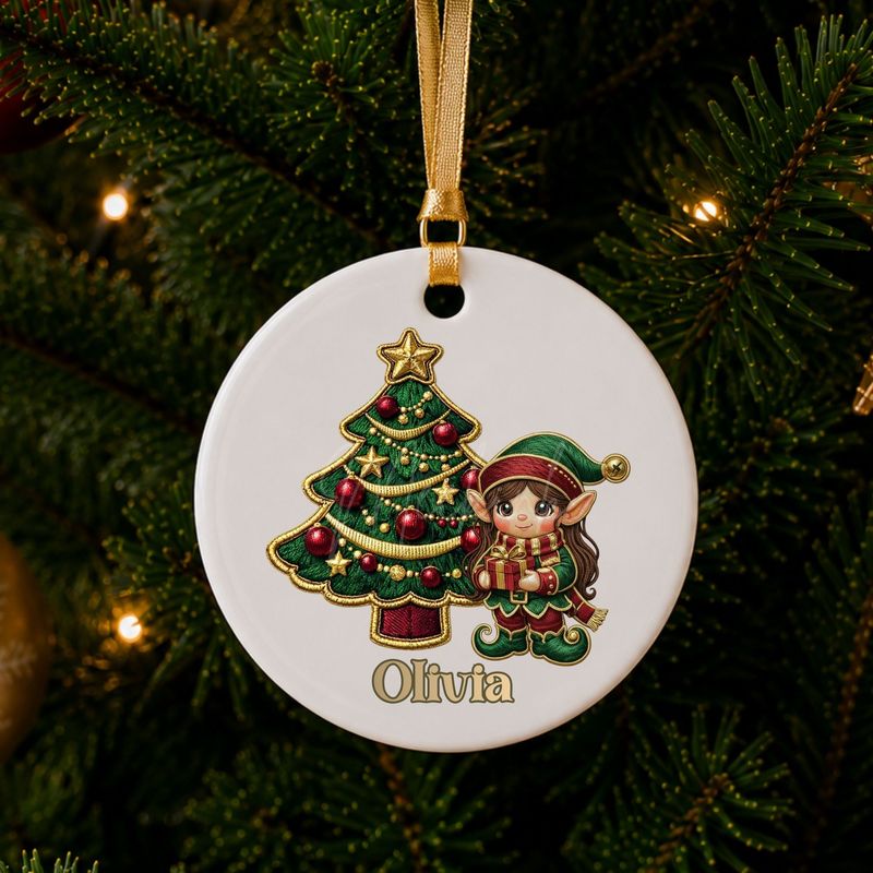 Elf Brown Haired Girl Faux Embroidery Gold Trim &amp;  DTF or UVDTF Decal