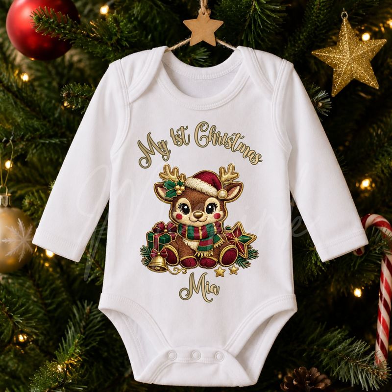 My First Christmas Reindeer Faux Embroidery Gold Trim &amp;  DTF or UVDTF Decal