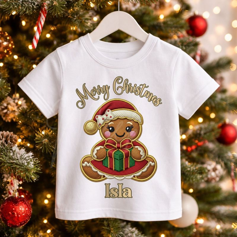 Merry Christmas Gingerbread Present Girl Faux Embroidery Gold Trim &amp;  DTF or UVDTF Decal