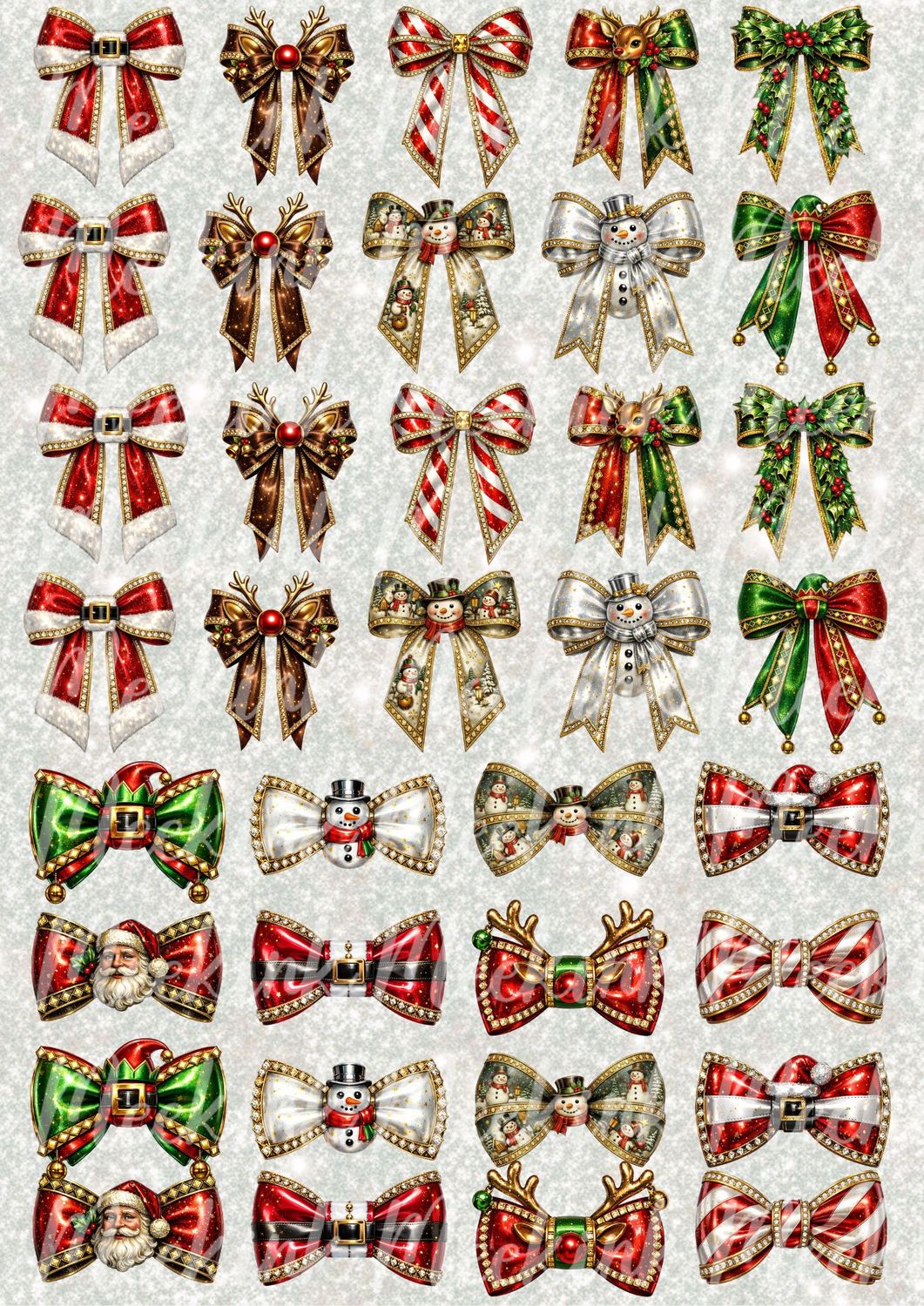 Faux Embroidery &amp; Gold Trim Christmas Bows A3 UVDTF - DTF or SUB