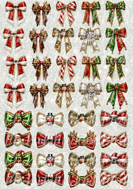 Faux Embroidery &amp; Gold Trim Christmas Bows A3 UVDTF - DTF or SUB