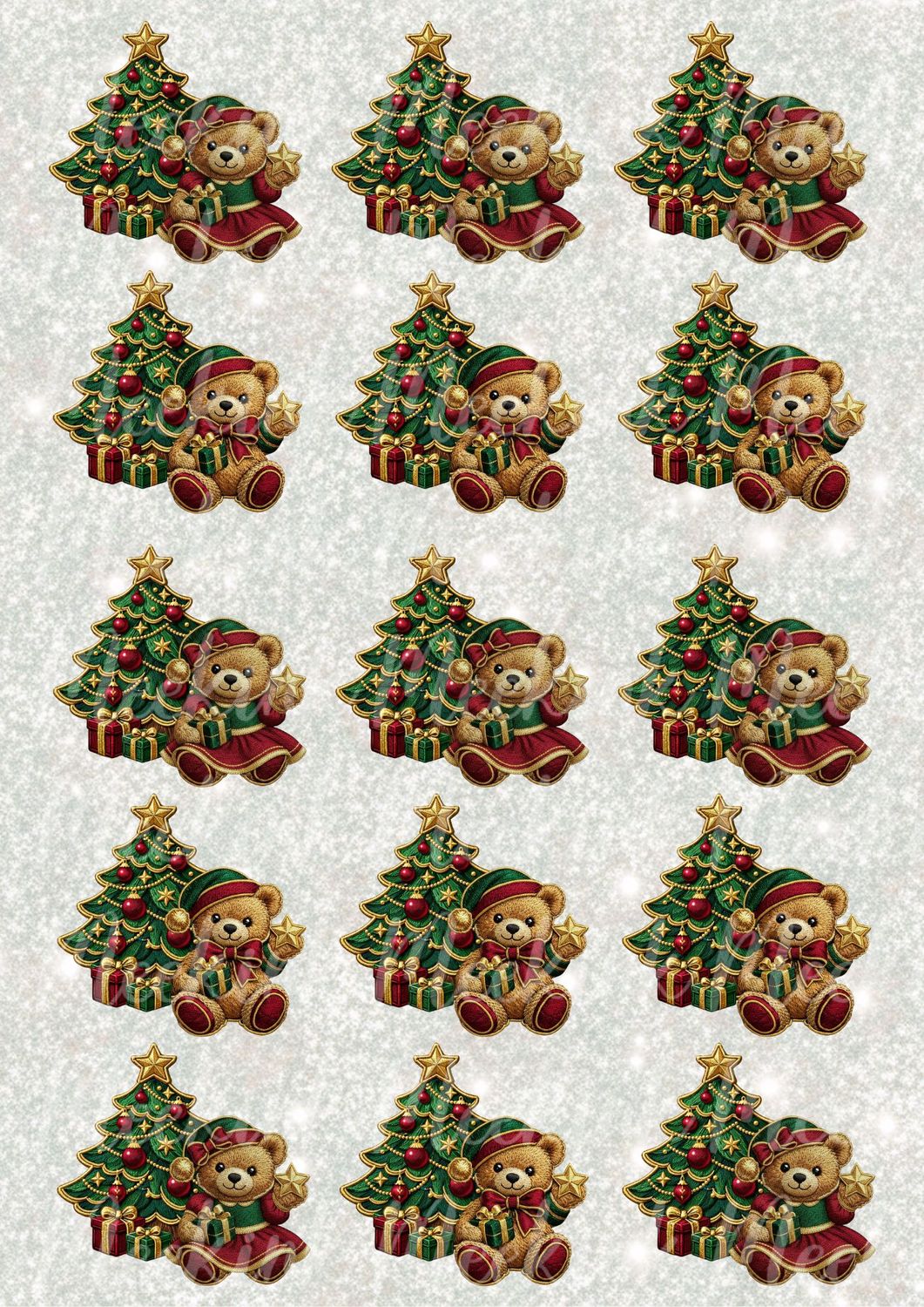Faux Embroidery &amp; Gold Trim Christmas Ted's A3 UVDTF - DTF or SUB