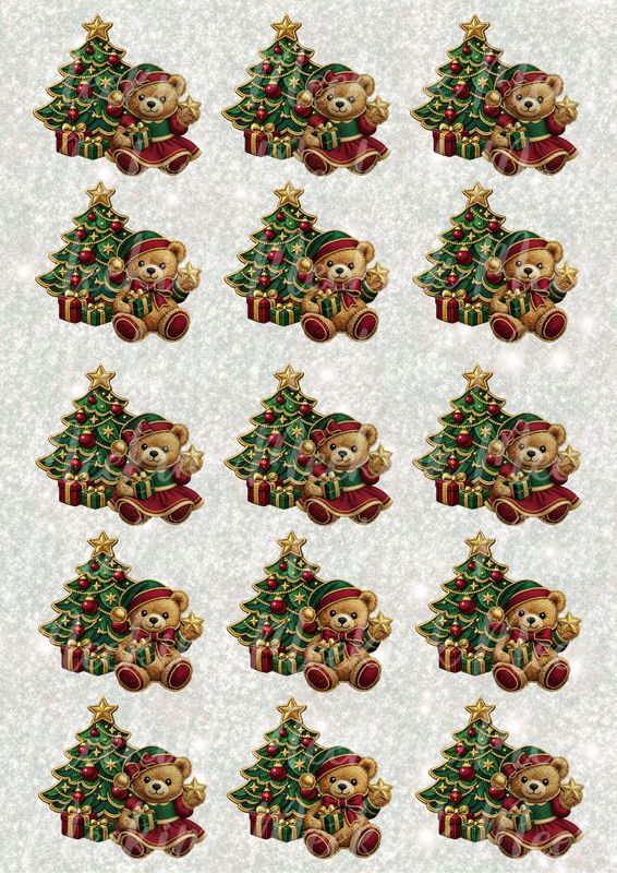 Faux Embroidery &amp; Gold Trim Christmas Ted's A3 UVDTF - DTF or SUB