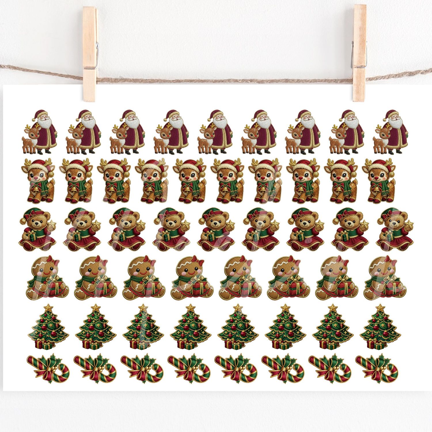 Faux Embroidery &amp; Gold Trim Christmas Bow Mix A4 DTF Decals