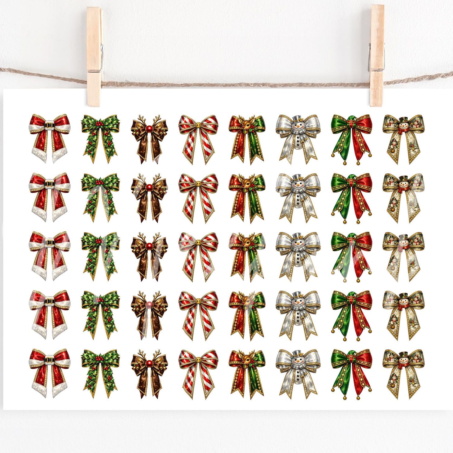 Faux Embroidery &amp; Gold Trim Christmas Bow Mix 2 A4 DTF Decals