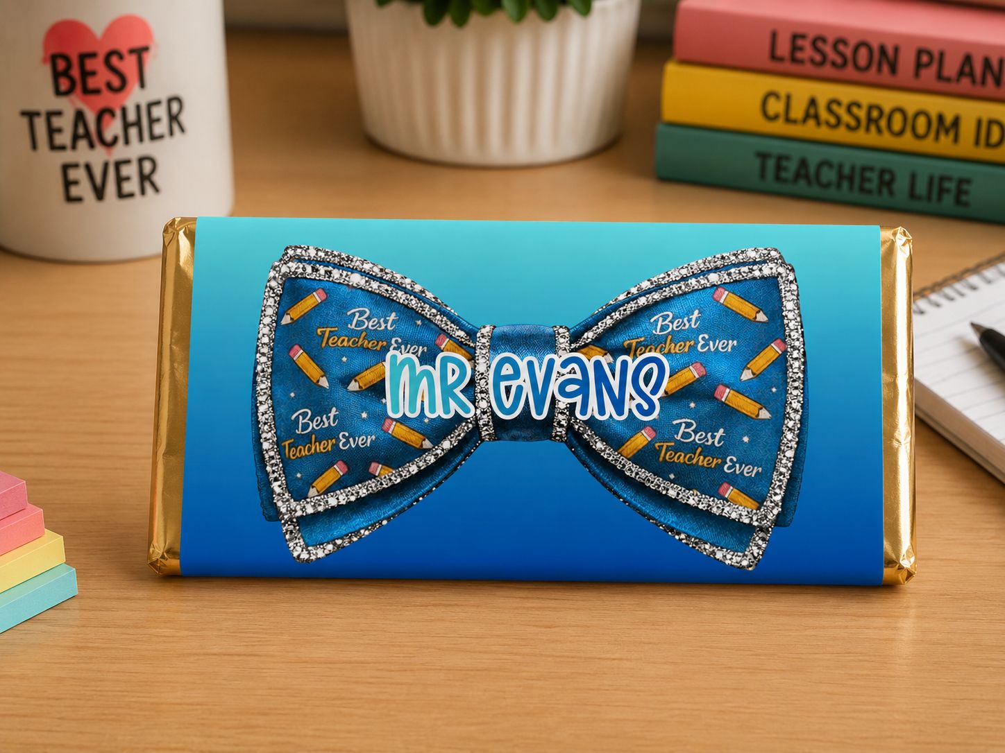 Personalised Teacher Blue Dicky Bow Chocolate Bar Wrapper