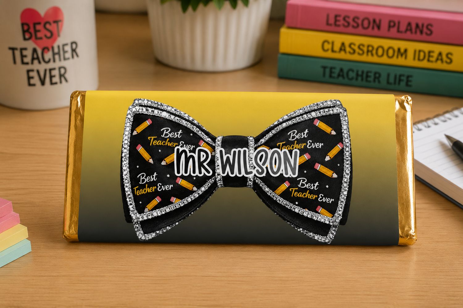 Personalised Teacher Black Dicky Bow Chocolate Bar Wrapper