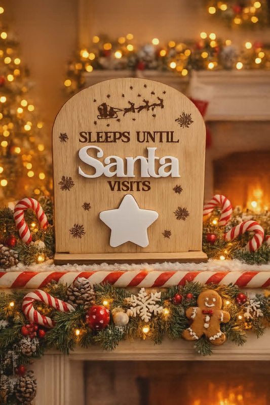 Santa Sleeps Count Down... 4mm Oak Veneered &amp; White Acrylic with stand