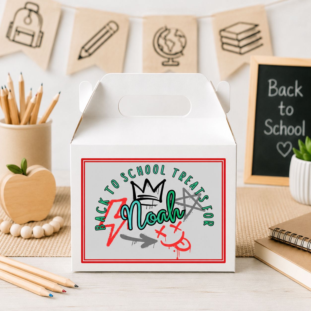 Pink Back To School Party Box Sticker &amp; School Essential Card