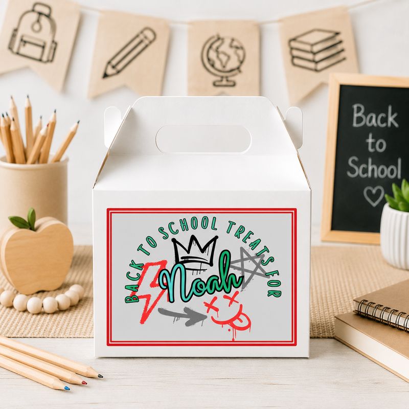 Pink Back To School Party Box Sticker &amp; School Essential Card