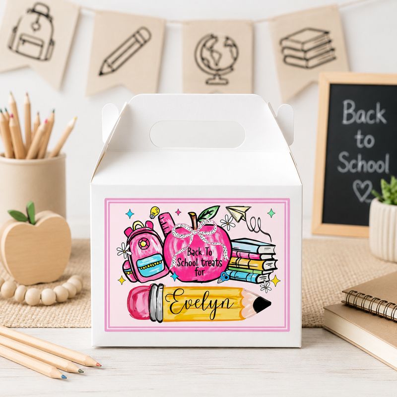 Pink Apple Back To School Party Box Sticker &amp; School Essential Card