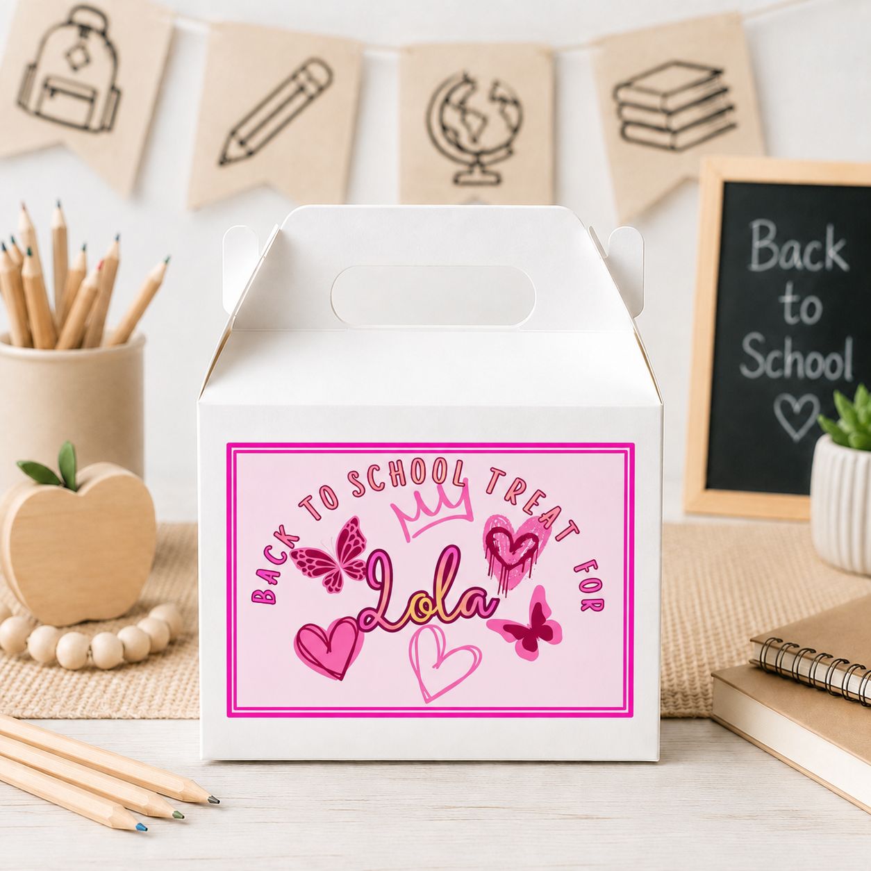 Pink Back To School Party Box Sticker &amp; School Essential Card