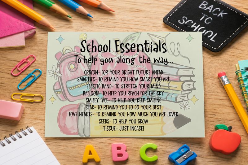 Pink Back To School Party Box Sticker &amp; School Essential Card
