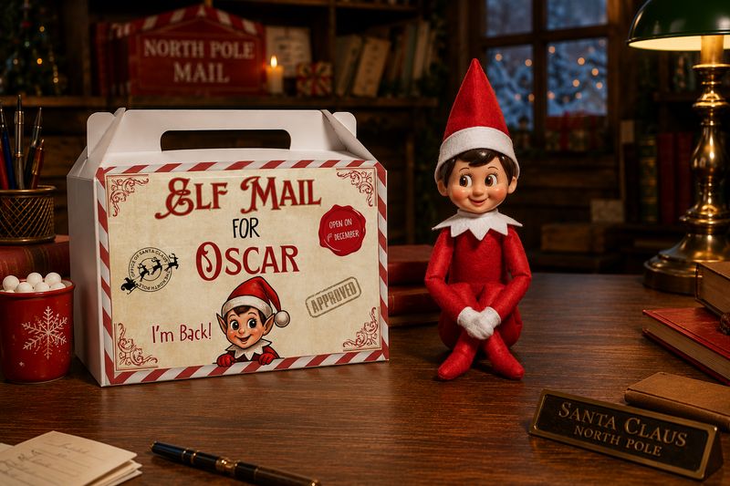 Personalised Elf I'm Back Treat Box Sticker Traditional Christmas