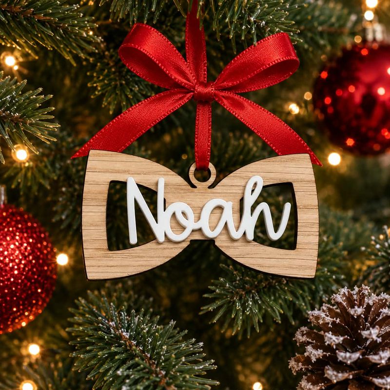 Personalised Dicky Bow 4mm Oak Veneered &amp; 3mm White Acrylic Name