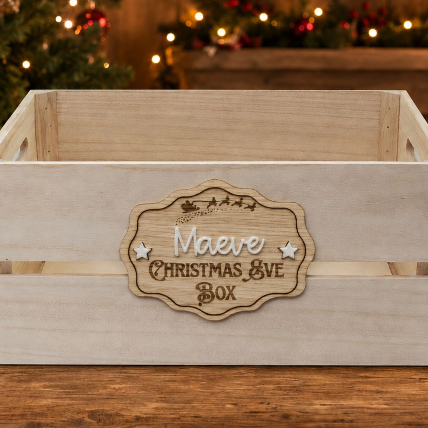 Christmas Eve Box Plaque Design 1 - 4mm Oak Veneered &amp; White Acrylic